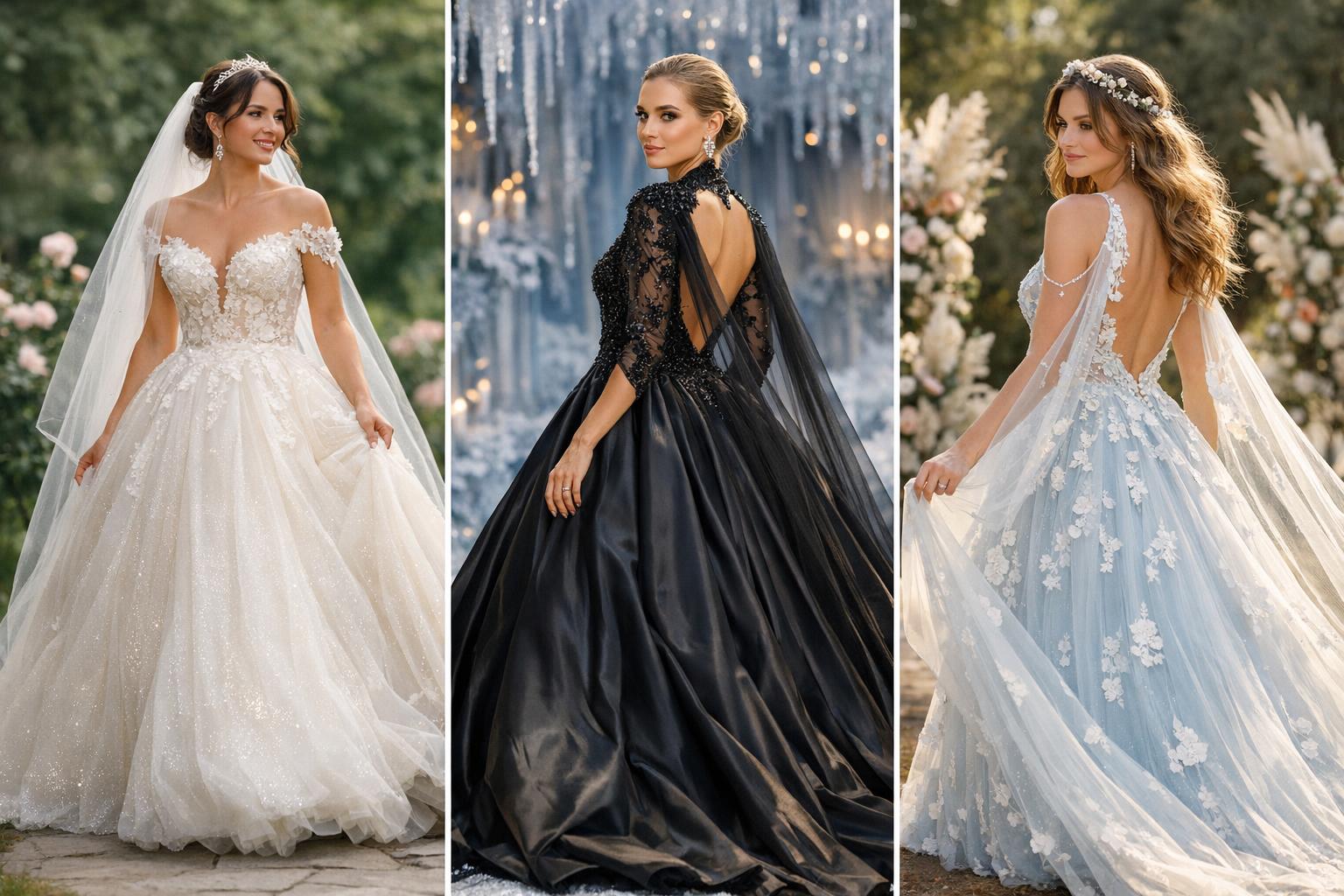 Bride in a fairytale wedding dress with lace bodice and layered tulle skirt in a sunlit garden setting