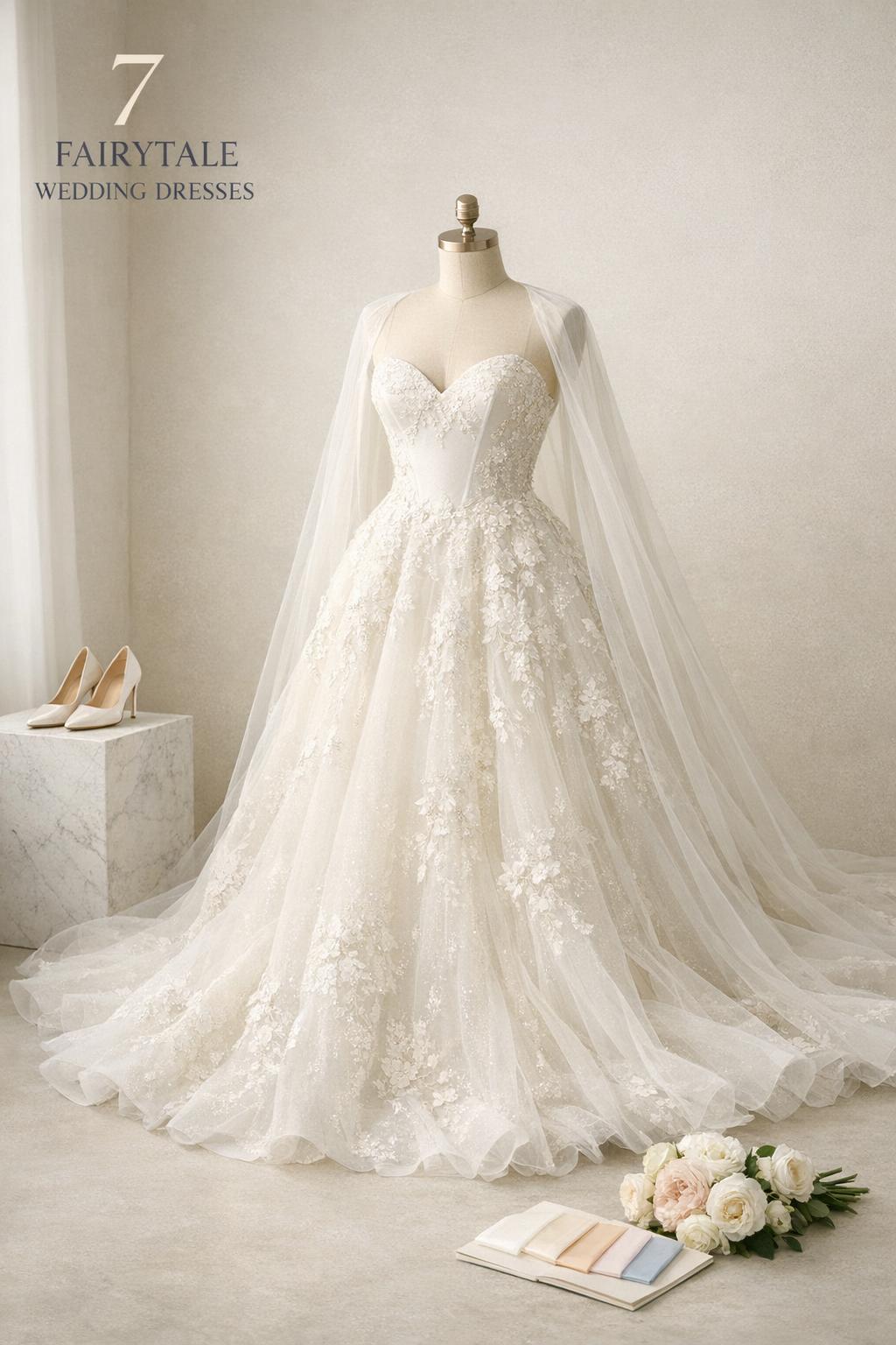 Fairytale wedding dresses on a couture mannequin in a minimalist bridal studio with soft daylight and elegant accessories