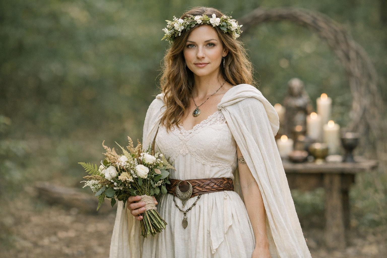 Bride in pagan wedding dresses style wearing a flowing linen gown with floral crown in a forest handfasting ceremony