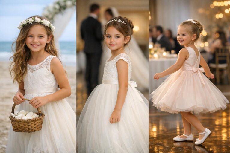 Girls wedding dresses displayed on a rack in soft natural light, featuring lace, tulle, satin, and organza styles