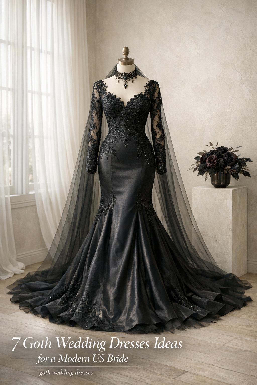 Goth wedding dresses on a mannequin in a bright bridal studio with lace bodice, satin skirt, and dramatic black train