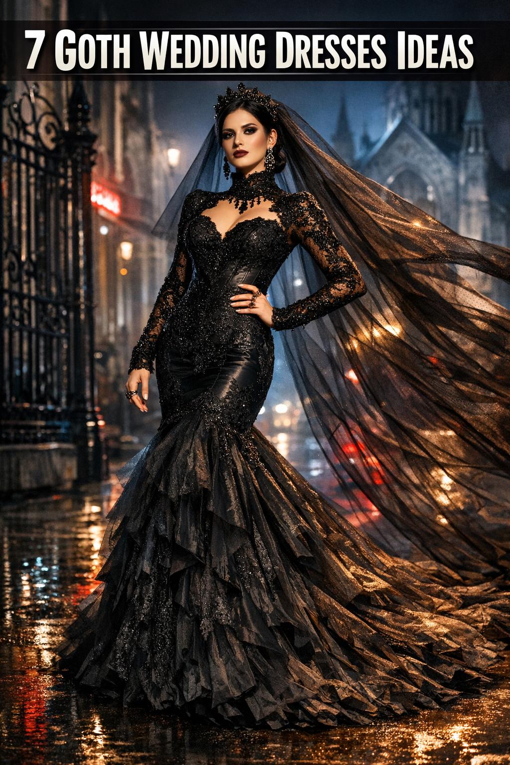 Bride in gothic wedding dresses with lace veil and dramatic dark bouquet in an elegant candlelit venue