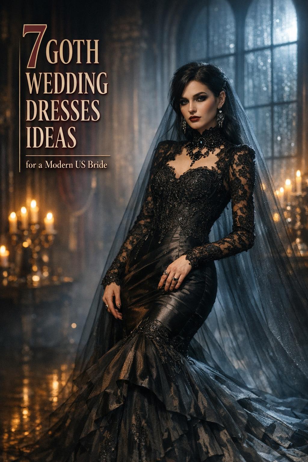 Goth wedding dresses inspiration: modern US bride in near-black lace and satin gown in a candlelit Victorian ballroom