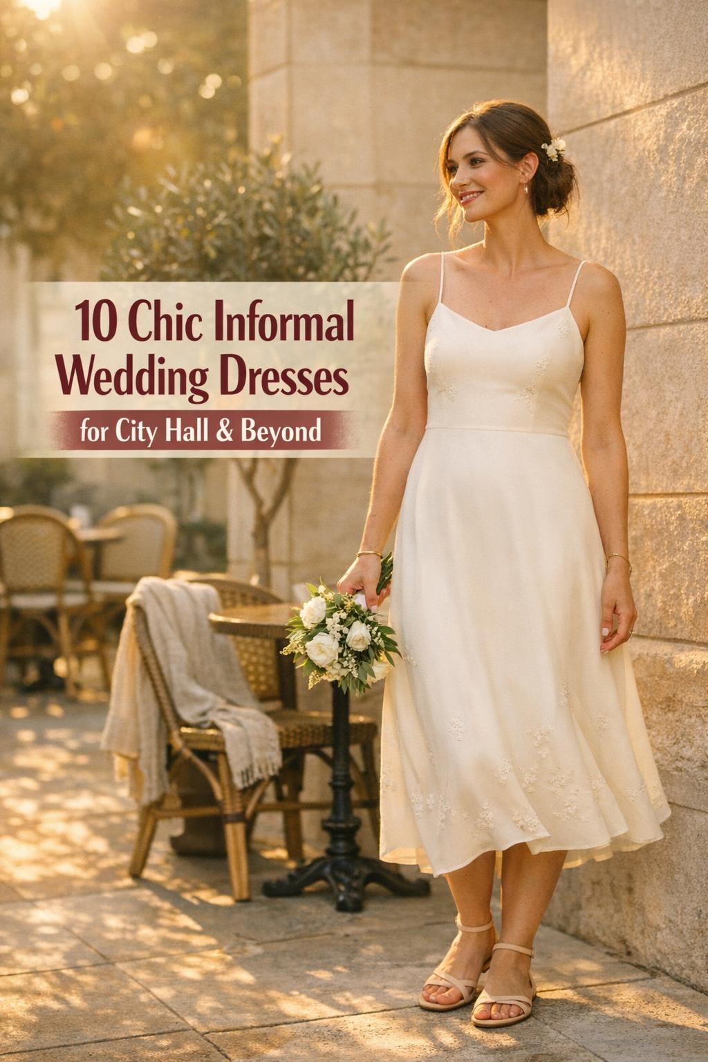 Informal wedding dresses: bride in minimalist ivory midi dress on sunny city hall patio with bouquet, warm golden-hour light