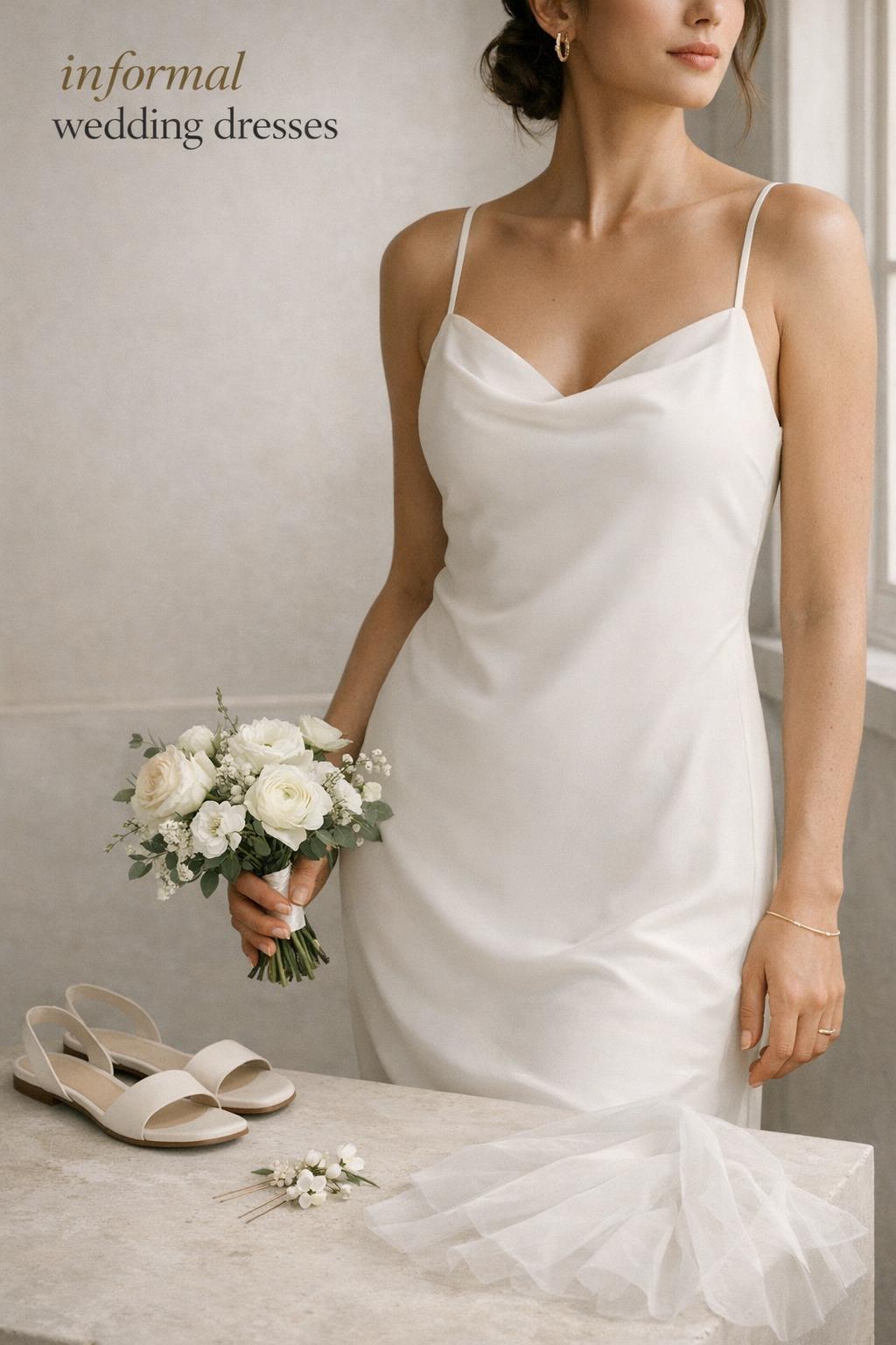 Informal wedding dresses in ivory crepe slip style with flats, bouquet and veil in a bright city hall interior