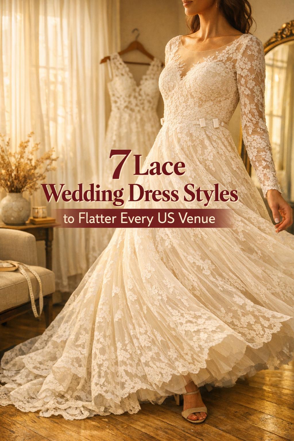 Lace wedding dresses in a warm bridal boutique fitting room at golden hour, showcasing detailed lace gown and mirror.