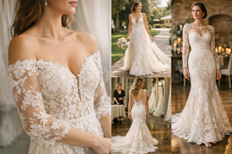 Bride in a lace wedding dress with long sleeves and a soft train, photographed in natural light at an elegant venue
