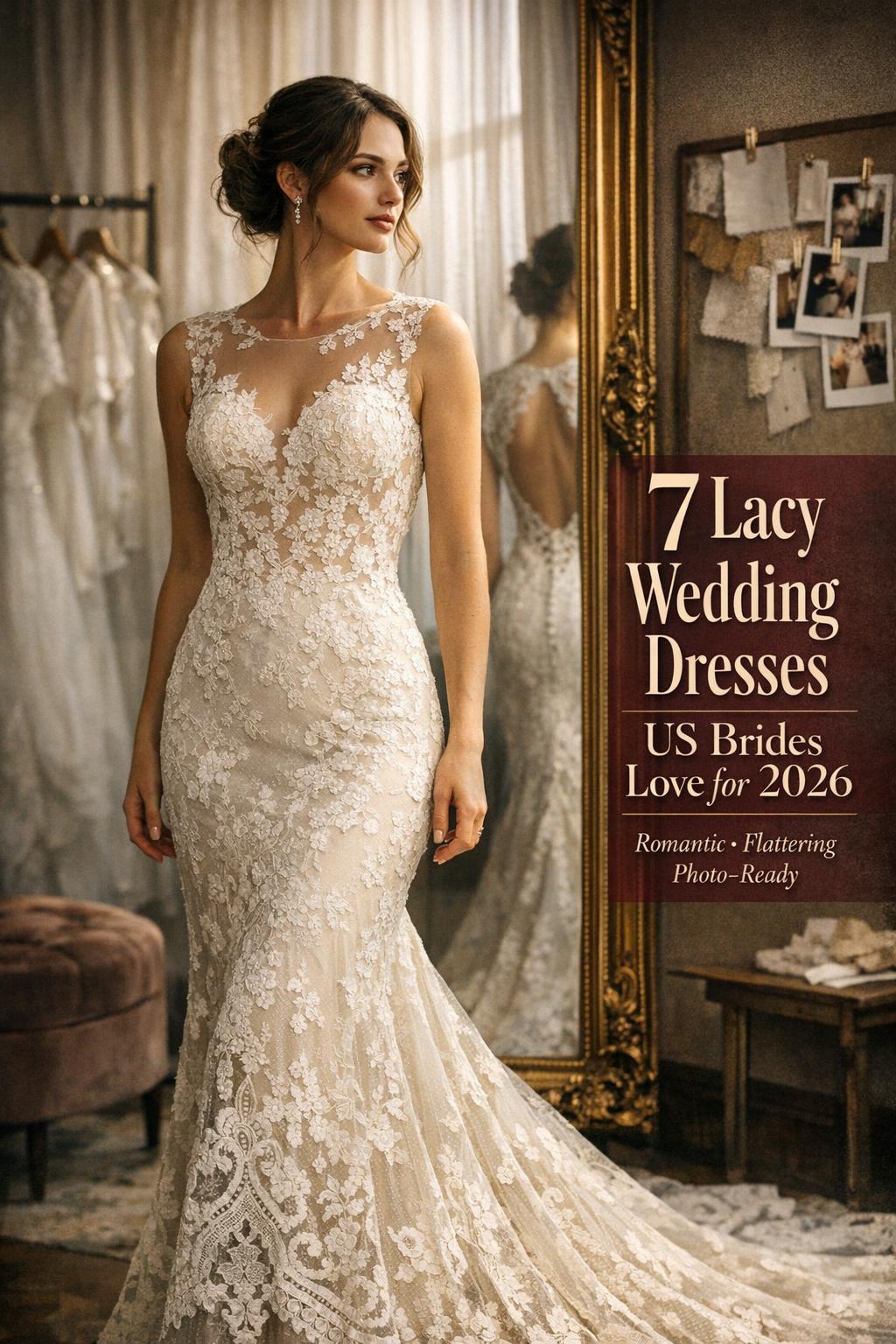 Bride in upscale boutique wearing modern lacy wedding dresses look for 2026, reflected in an antique mirror with soft window light