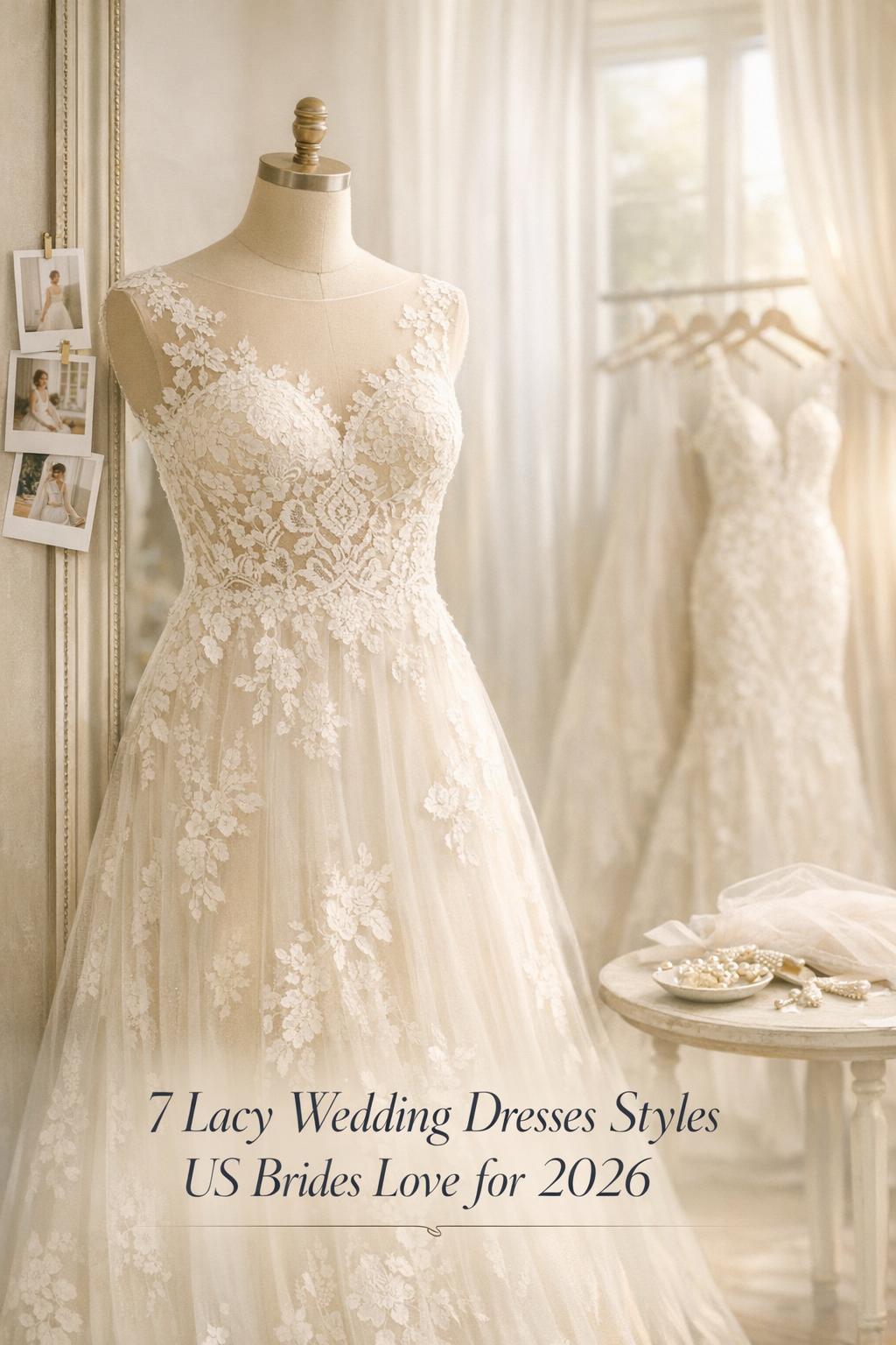 Lacy wedding dresses on a mannequin in a bright bridal boutique with mirrors, soft morning light, and neutral decor