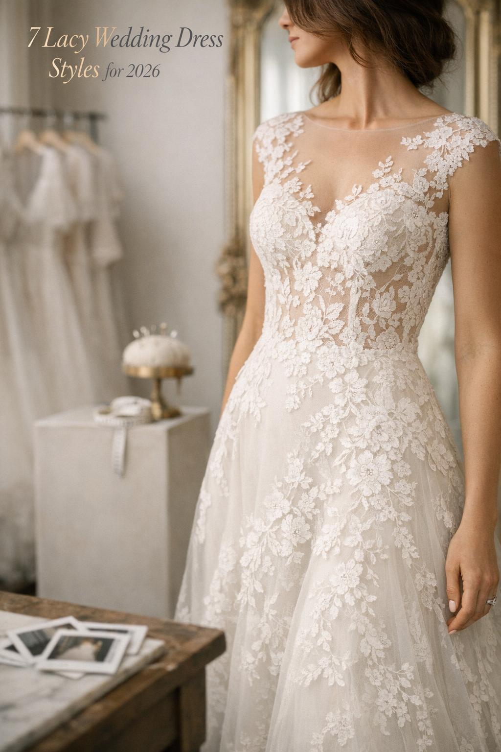 Bride in boutique wearing lacy wedding dresses with illusion neckline and detailed lace bodice in soft window light