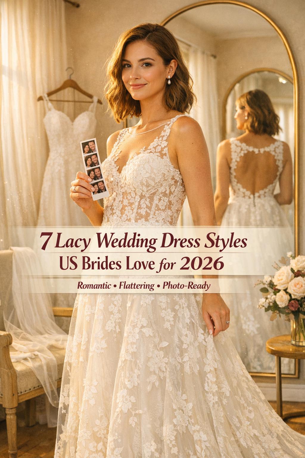 Bride in boutique mirror wearing lacy wedding dresses, holding photo strip in golden-hour bridal fitting room
