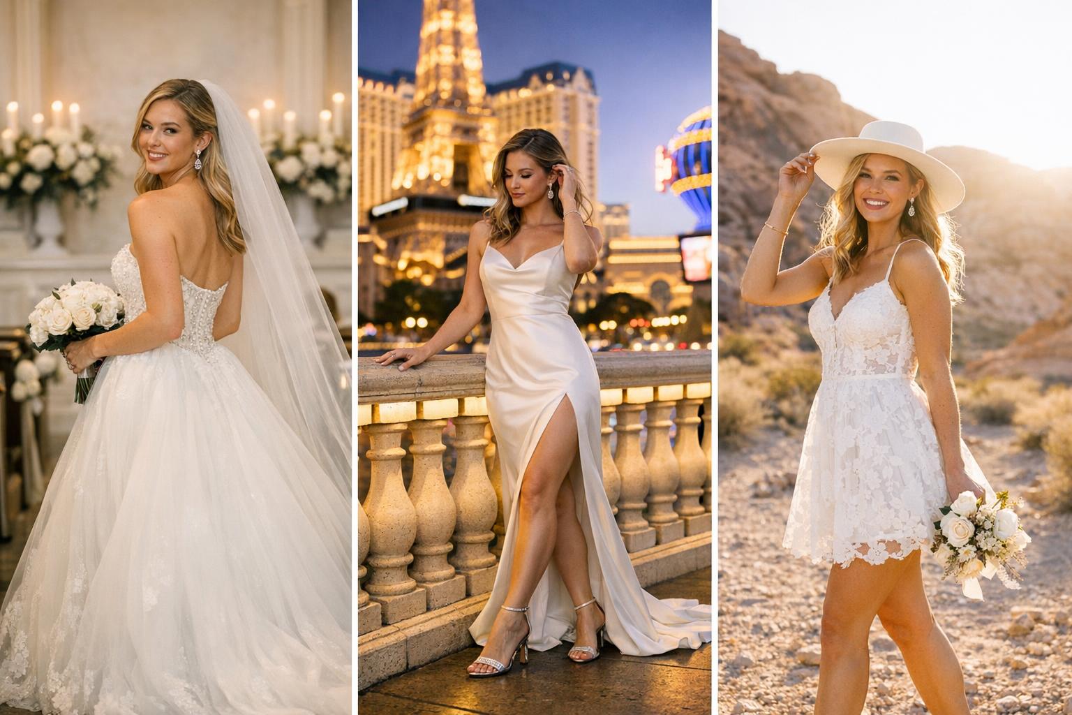 Bride trying on las vegas wedding dresses in a stylish bridal boutique, choosing a camera-ready gown for a Vegas venue