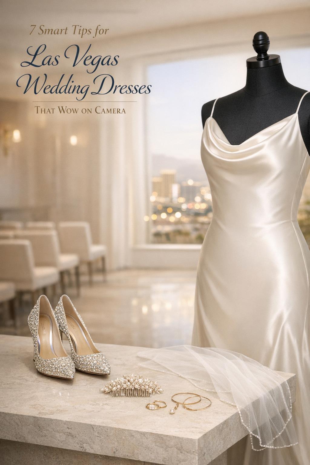 Las Vegas wedding dresses prep scene with ivory satin gown, crystal heels, veil, and jewelry in a modern chapel setting