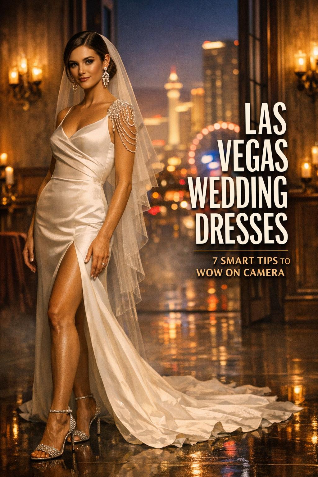 Las Vegas wedding dresses editorial photo of a bride in a satin sheath with neon Strip bokeh in a moody chapel corridor