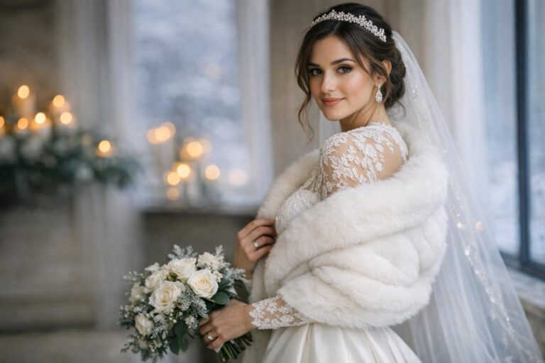 Bride wearing a long-sleeve satin gown with a cape, showcasing elegant winter wedding dresses in snowy outdoor light