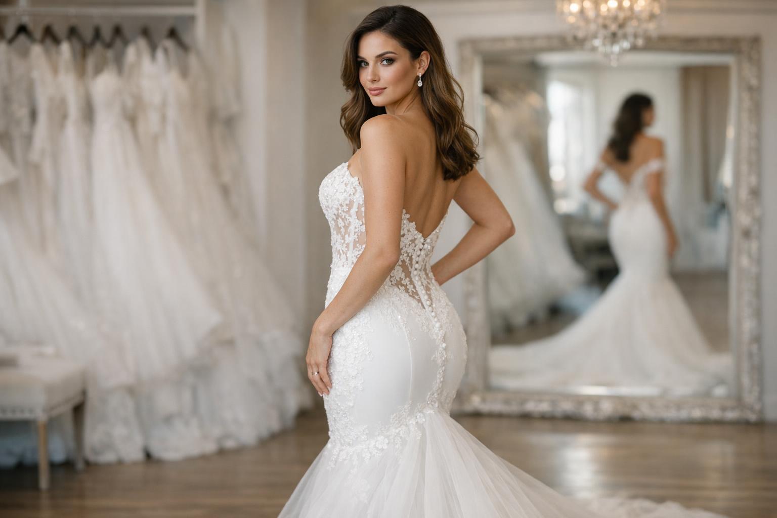 Bride in elegant mermaid style wedding dress with lace bodice and dramatic train in a bright bridal boutique