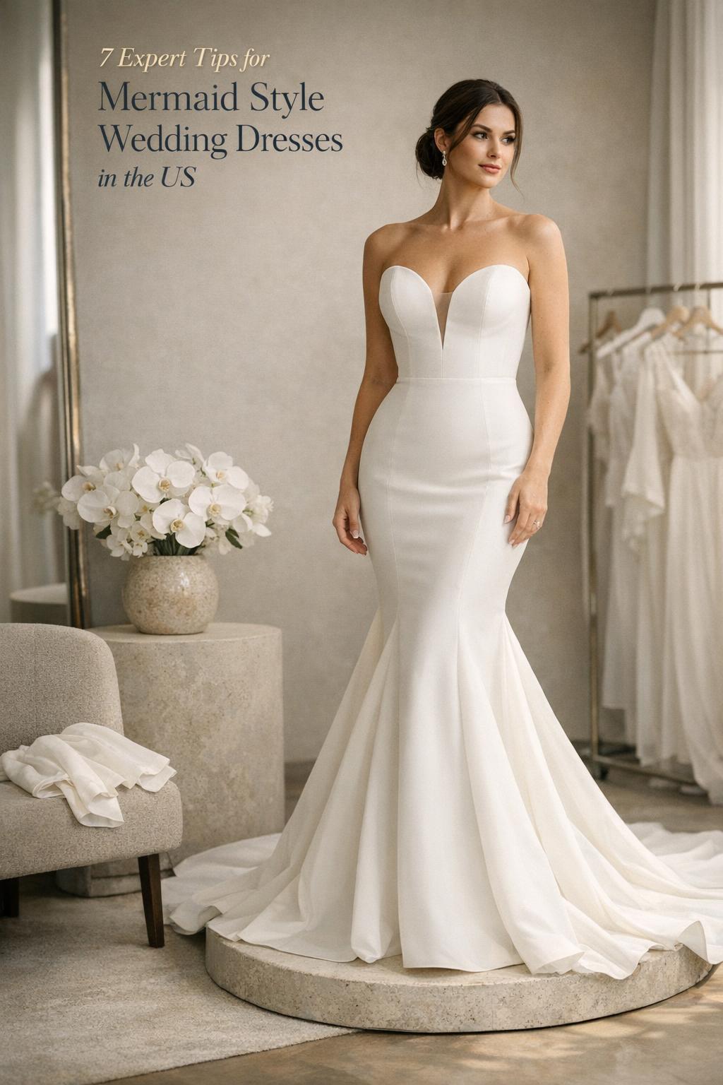 Bride in mermaid style wedding dresses fitting room with sleek crepe gown and cathedral train in minimalist bridal boutique light