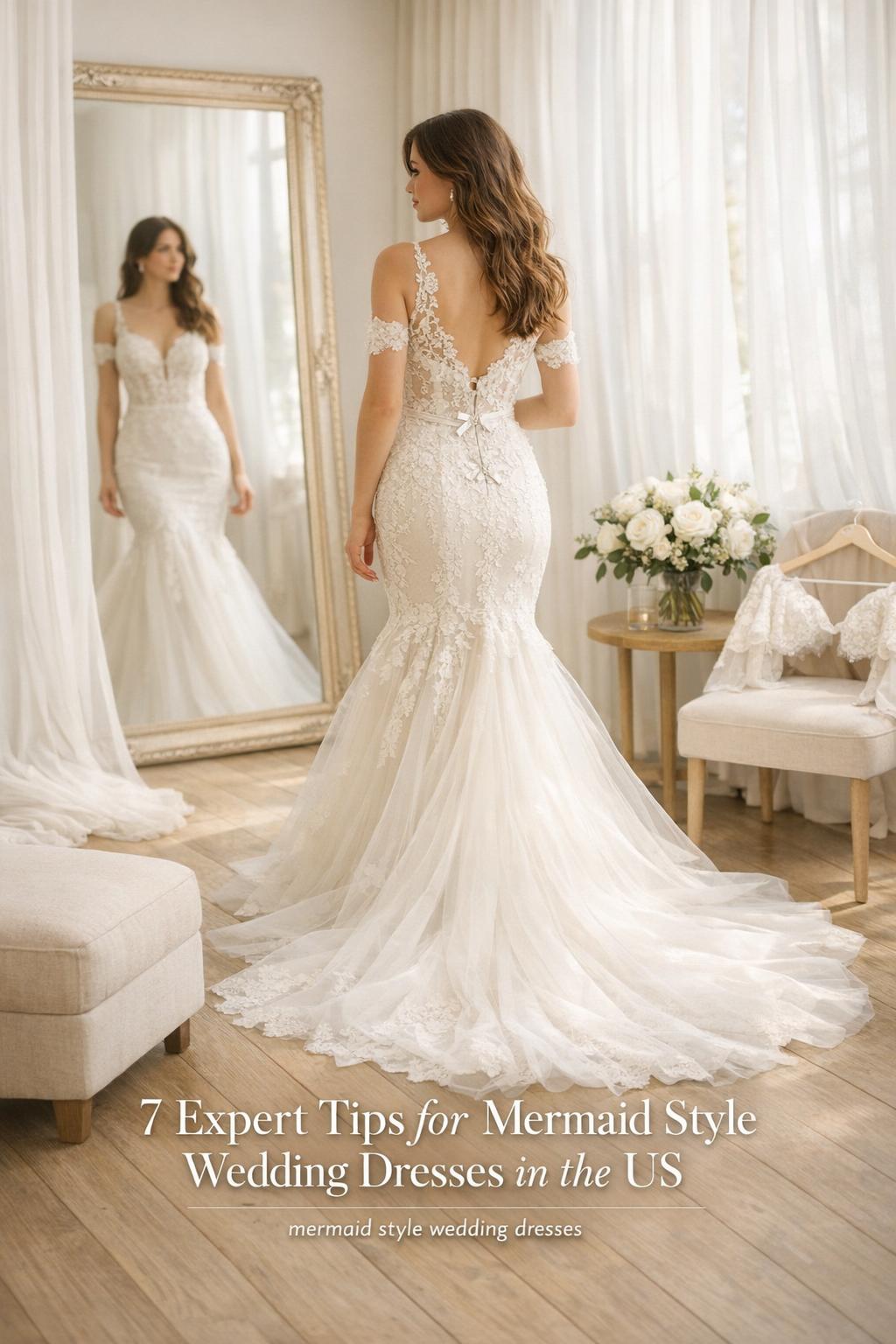 Bride in a bridal boutique fitting area wearing mermaid style wedding dresses with lace illusion bodice and cathedral train