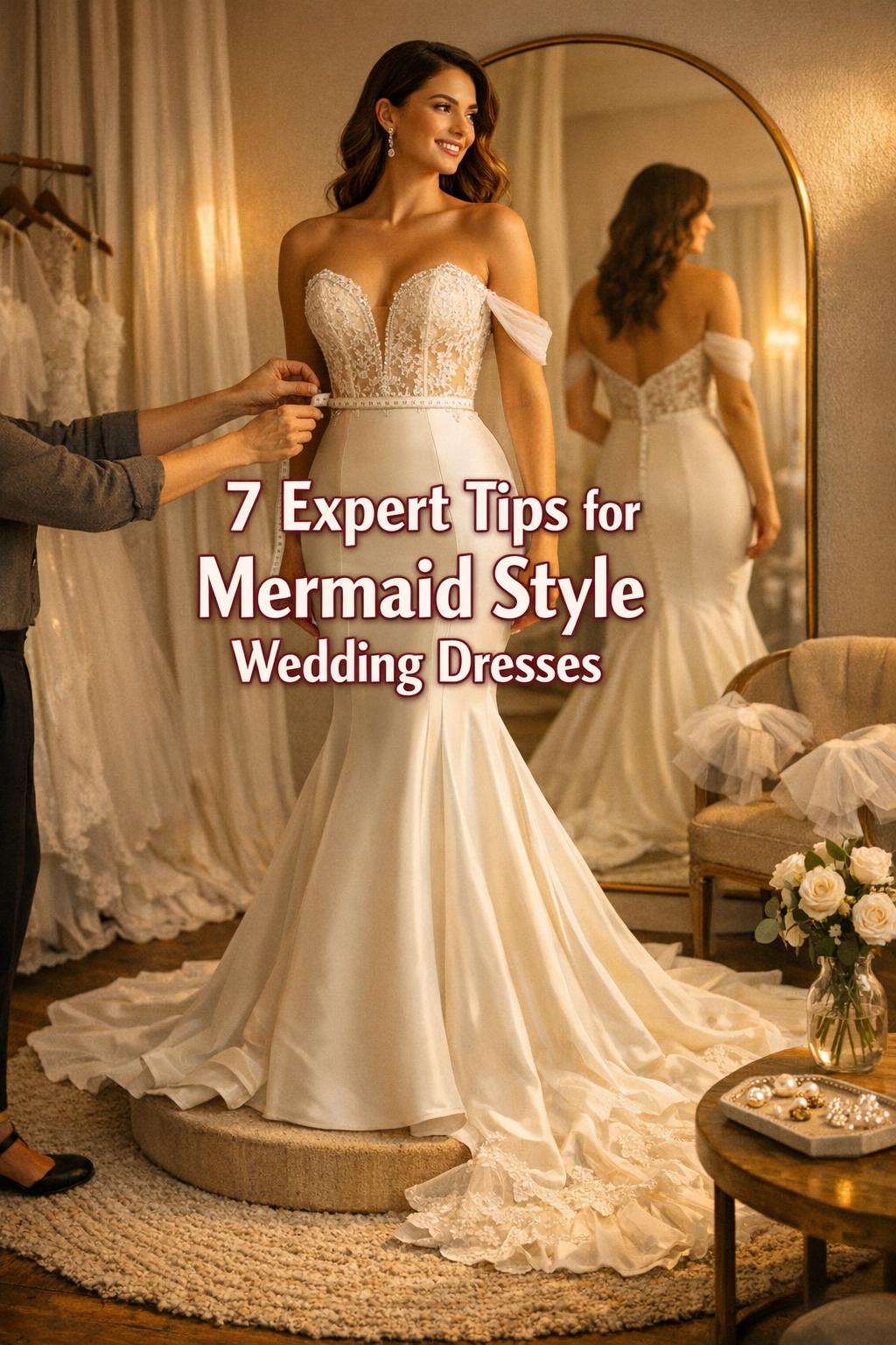 Bride in mermaid style wedding dresses fitting, golden-hour bridal boutique mirror and train, stylist adjusting waist