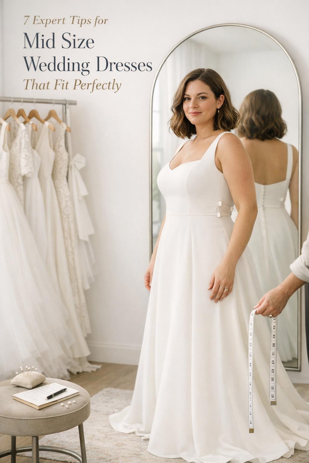 Mid size bride in bridal boutique fitting room wearing ivory A-line gown during alterations, mid size wedding dresses tips text