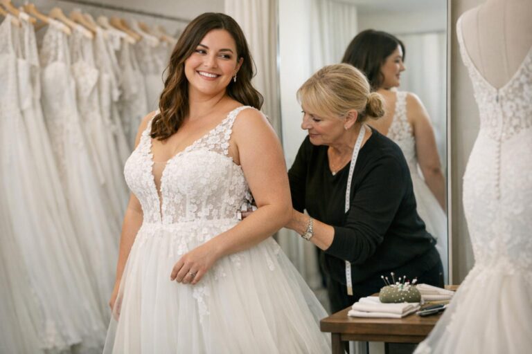 Bride trying on mid size wedding dresses in a bridal boutique, standing at a mirror with a fitted bodice and flowing skirt