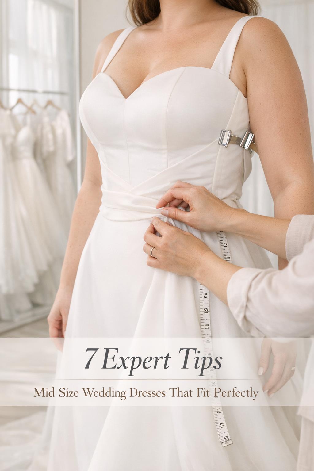 Mid size wedding dresses fitting session in a bright bridal boutique, close-up of gown clipped and measured at the waist.