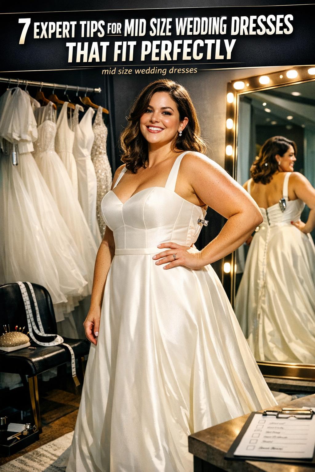 Mid size wedding dresses on models in a bright bridal boutique, showcasing lace and satin details