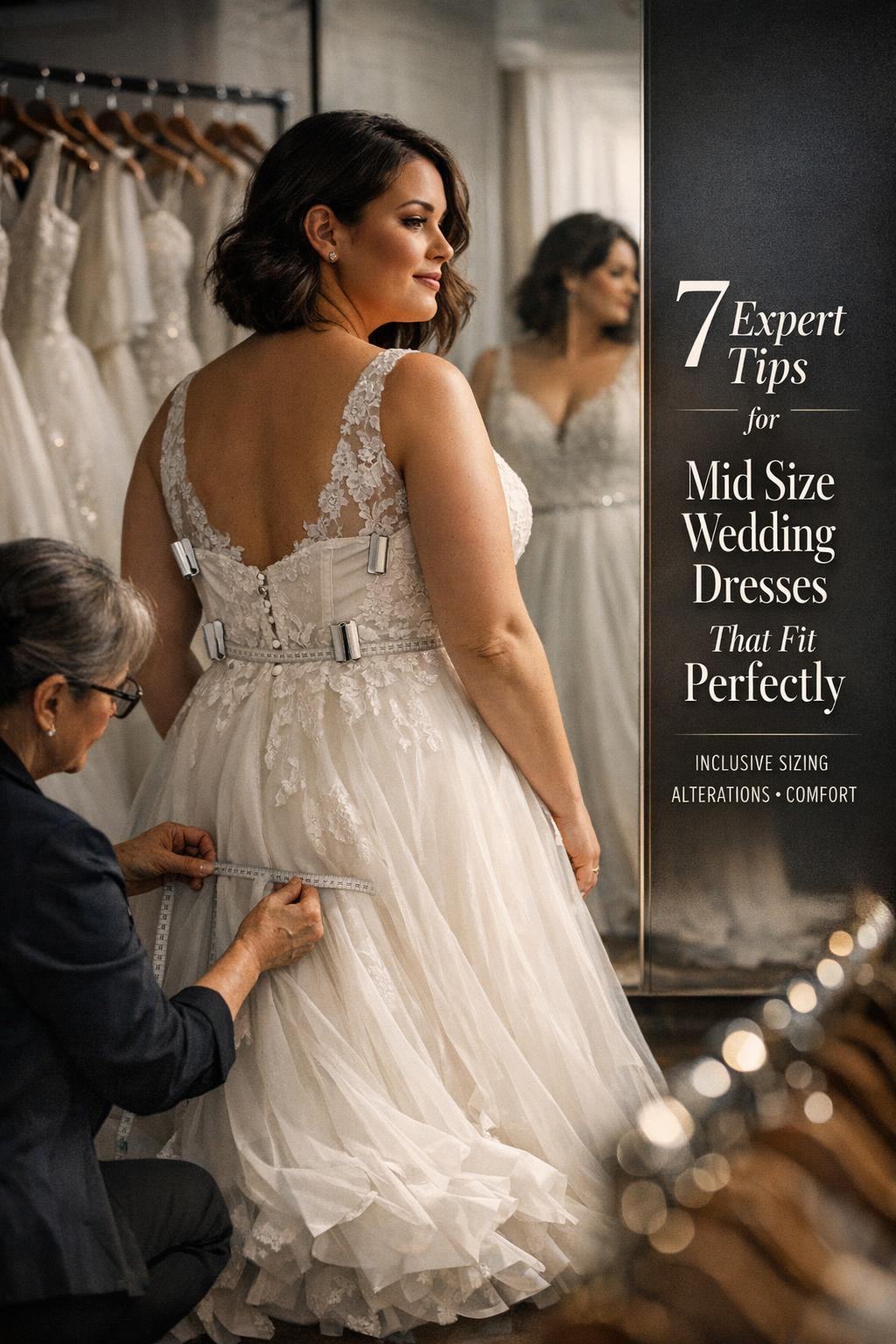 Mid size wedding dresses fitting room scene with bride in clipped sample gown, tailor measuring waist, and gown rack in boutique