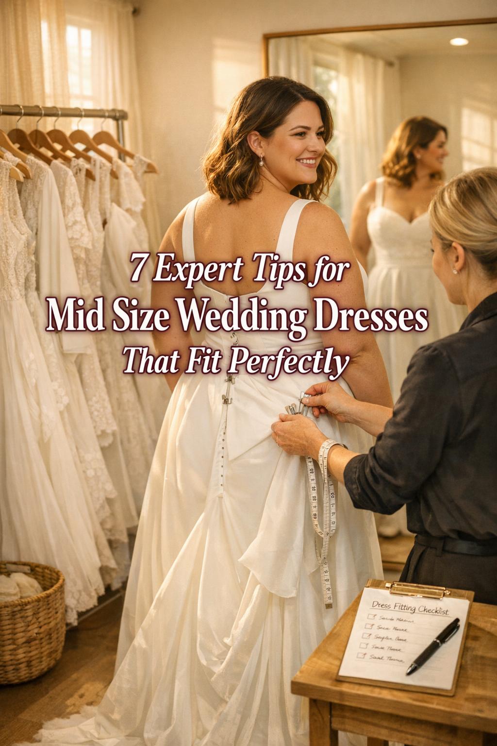 Mid size wedding dresses fitting in bright bridal boutique as stylist clips gown while bride smiles in mirror