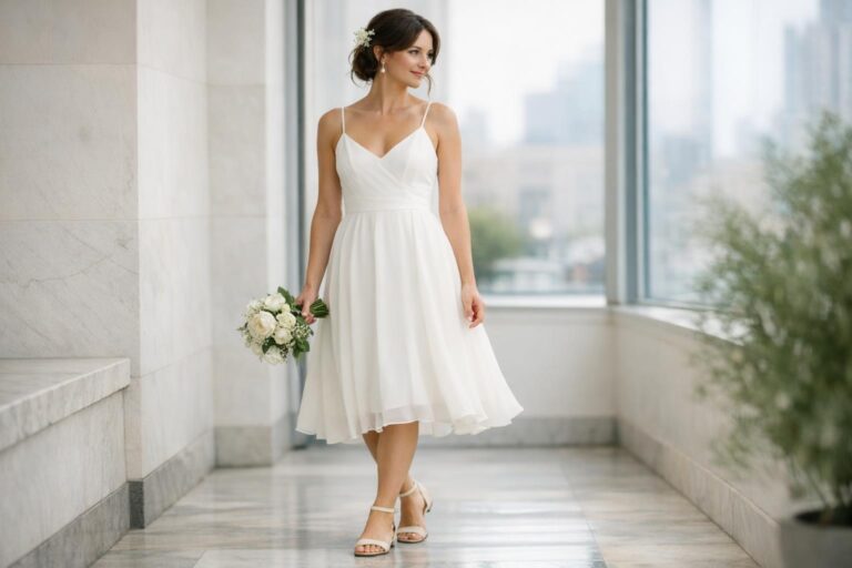Bride in an elegant minimalist informal wedding dress posing outdoors for a relaxed city hall wedding look