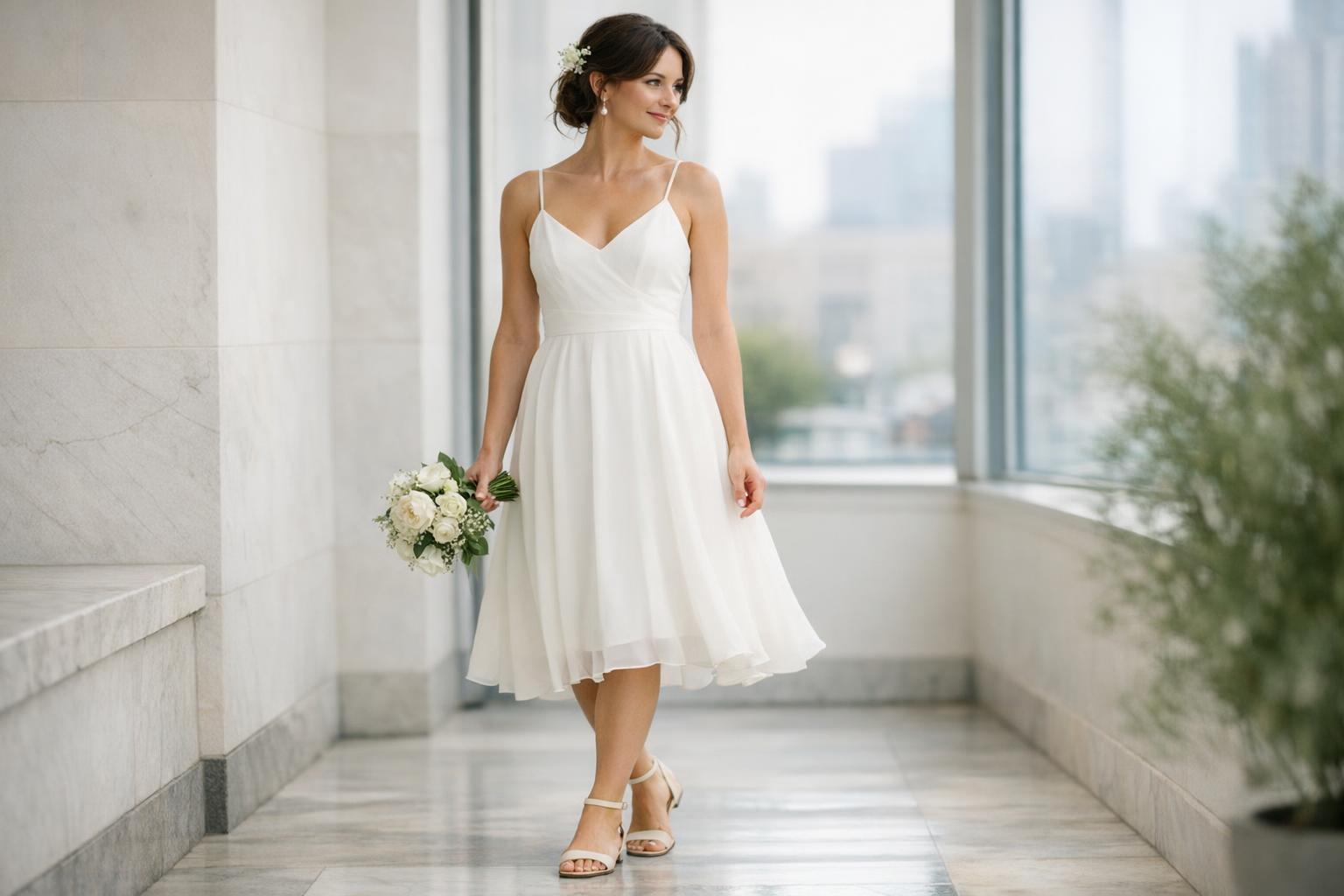 Bride in an elegant minimalist informal wedding dress posing outdoors for a relaxed city hall wedding look