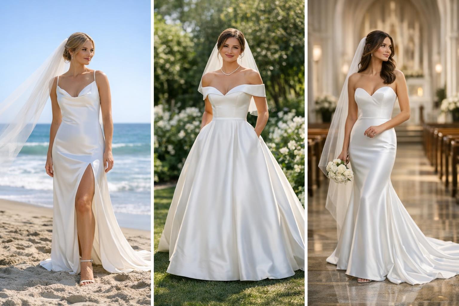 Bride in minimalist satin wedding dresses with a sleek sheath silhouette and soft natural light
