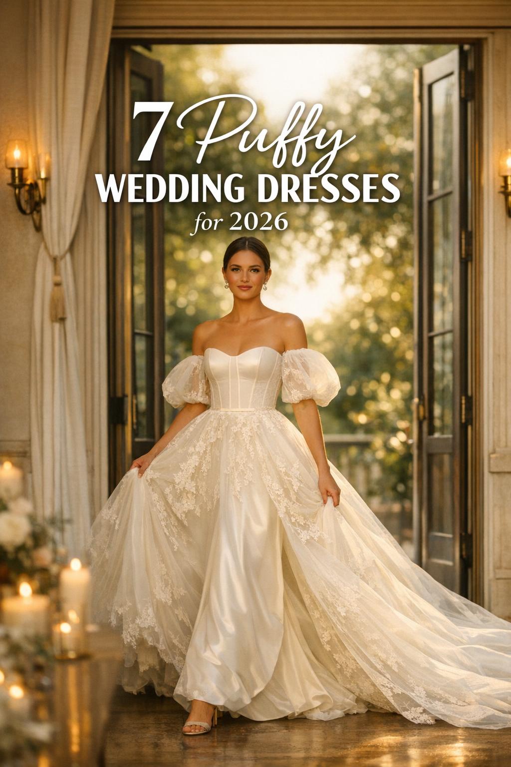Modern bride in golden-hour doorway wearing 2026 puffy wedding dresses with dramatic tulle skirt and cathedral train