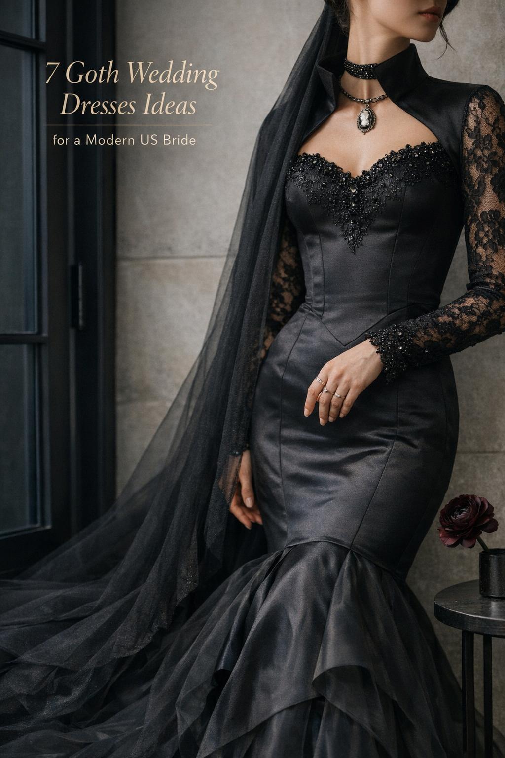 Modern studio bridal still life featuring goth wedding dresses with black lace sleeves, beaded bodice, satin train, and veil