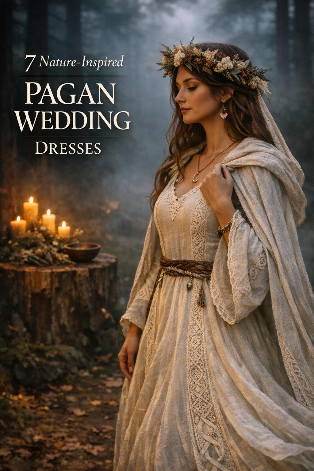 Bride in misty forest at dusk wearing nature-inspired pagan wedding dresses with linen lace gown, cloak, and candlelit altar