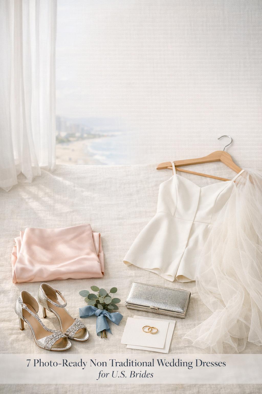 Non traditional wedding dresses flat lay with blush satin, ivory jumpsuit, tulle overskirt, silver clutch and heels in window light