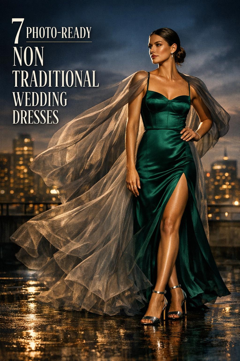 Bride in emerald satin slip gown on a city rooftop at dusk, showcasing non traditional wedding dresses with editorial text