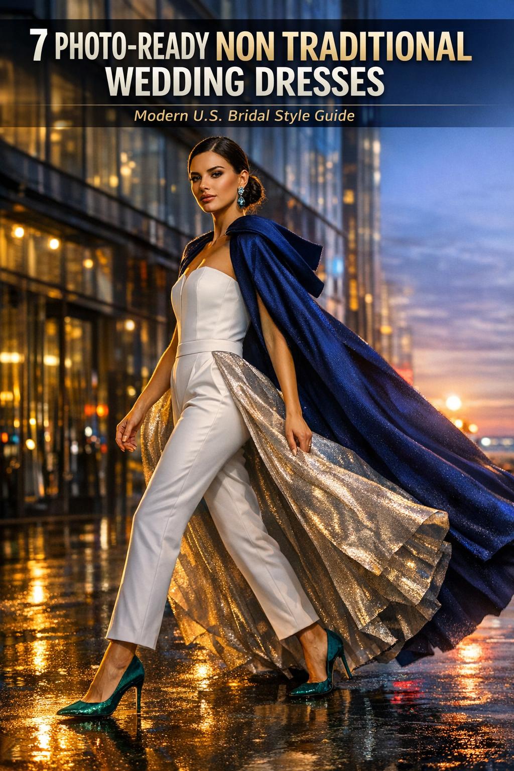 Bride wearing non traditional wedding dresses in a modern city setting, capturing an elegant contemporary bridal look.