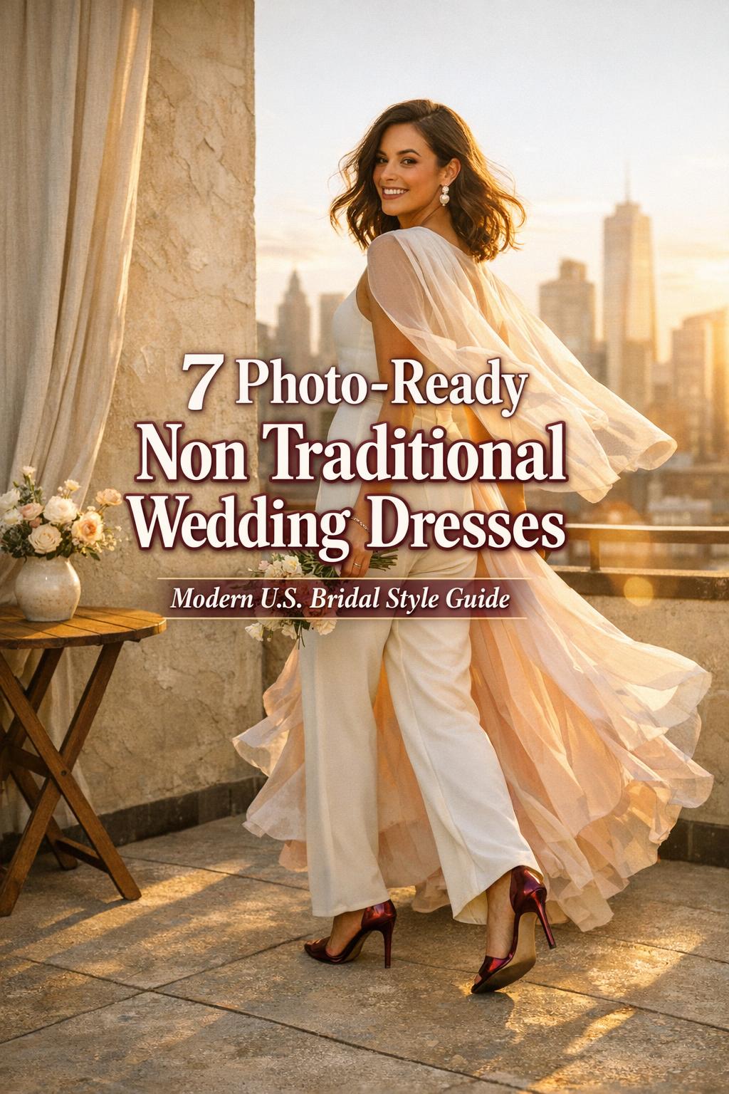 Bride on a rooftop at golden hour wearing non traditional wedding dresses jumpsuit with blush overskirt, city skyline behind