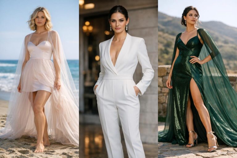 Bride in non traditional wedding dress with sleek satin jumpsuit and removable cape, posing in modern city light