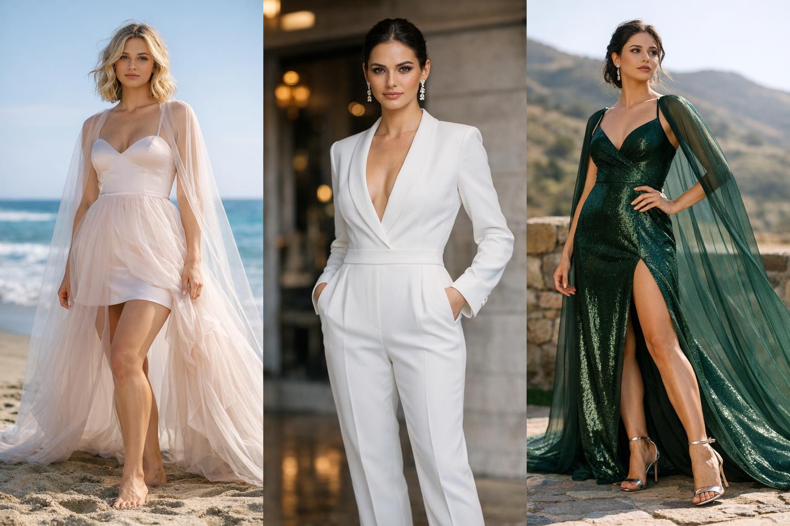 Bride in non traditional wedding dress with sleek satin jumpsuit and removable cape, posing in modern city light