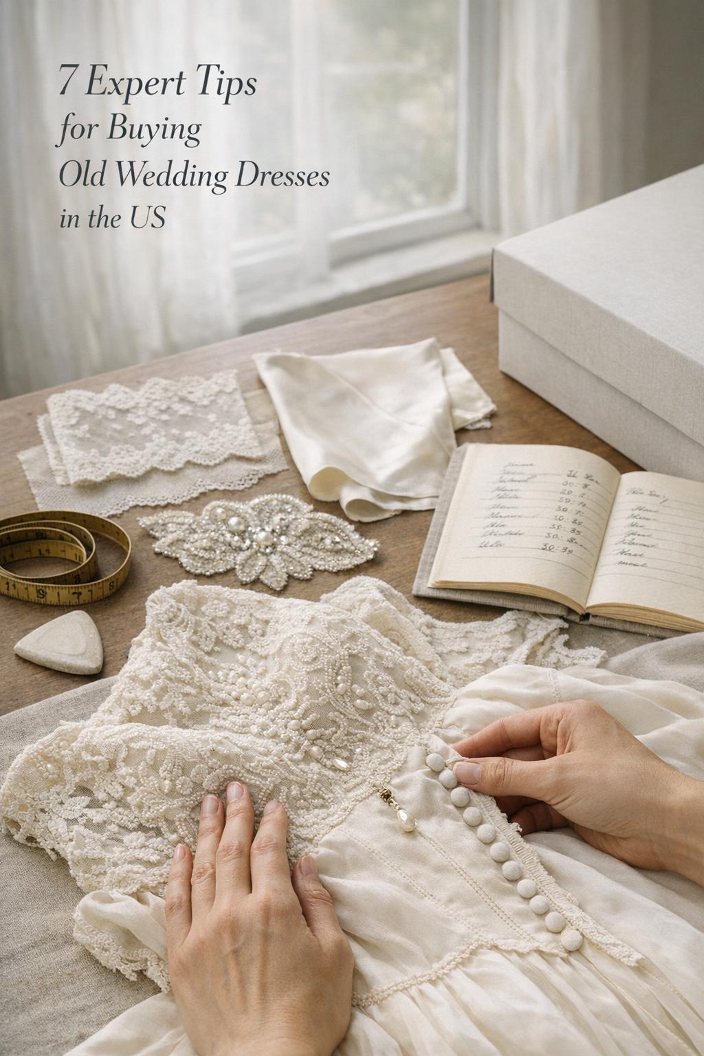 Old wedding dresses inspected on an antique boutique fitting table by a sunlit window, showing ivory lace, beads, and buttons