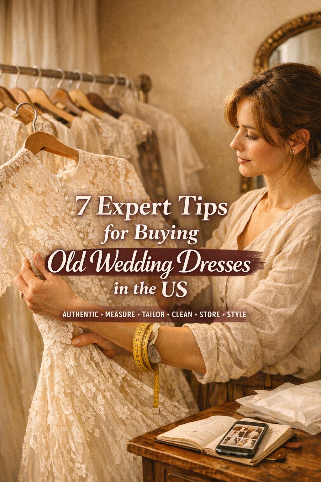 Bride inspecting old wedding dresses in a vintage bridal boutique, holding an ivory lace gown in warm golden-hour light