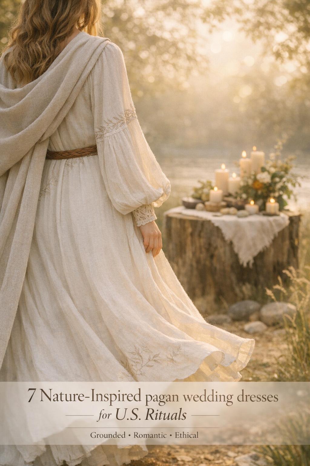 Bride-like figure in a sunlit forest wearing nature-inspired pagan wedding dresses with linen lace and a simple belt