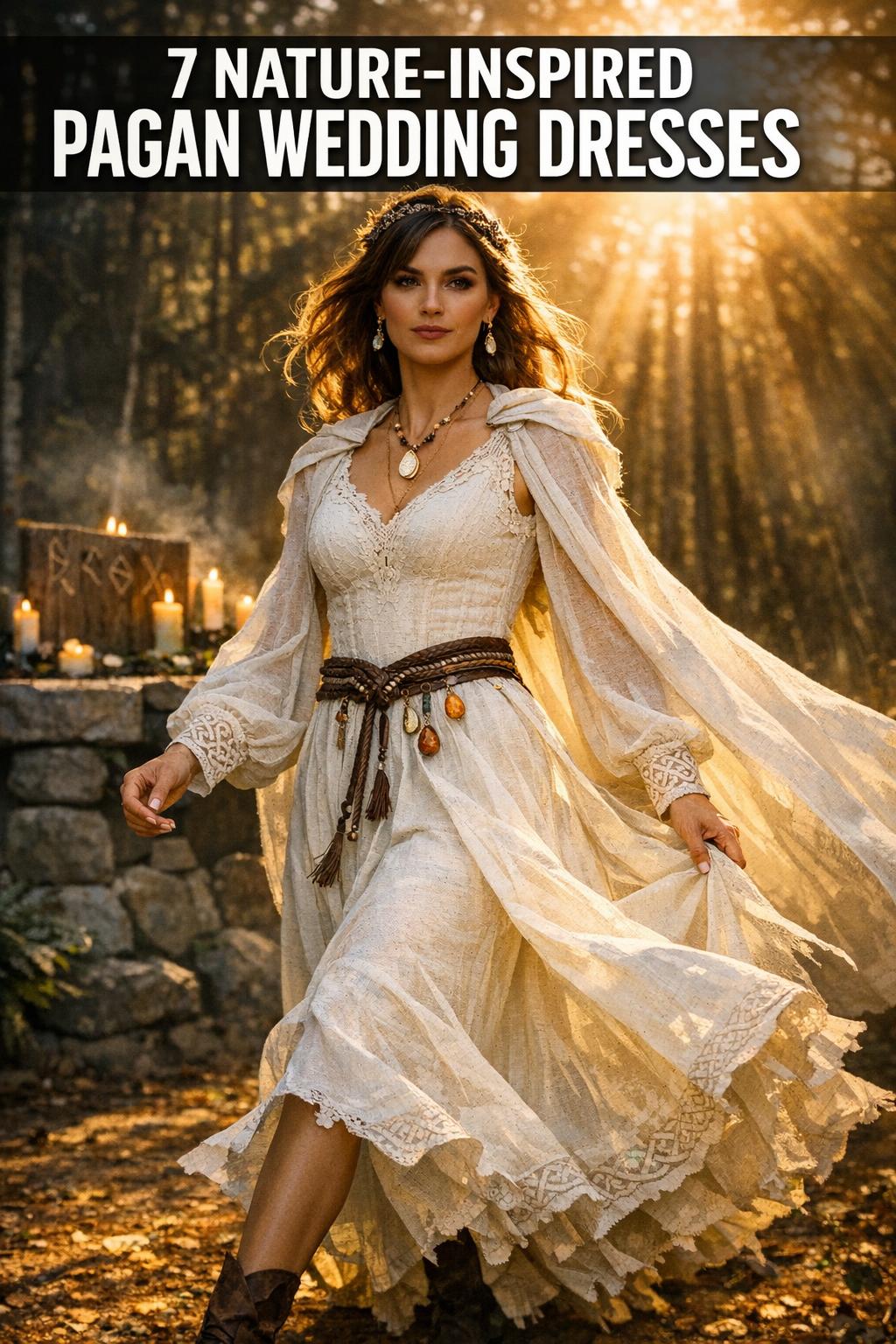 Bride in pagan wedding dresses wearing a flowing lace gown with floral crown in a woodland ceremony