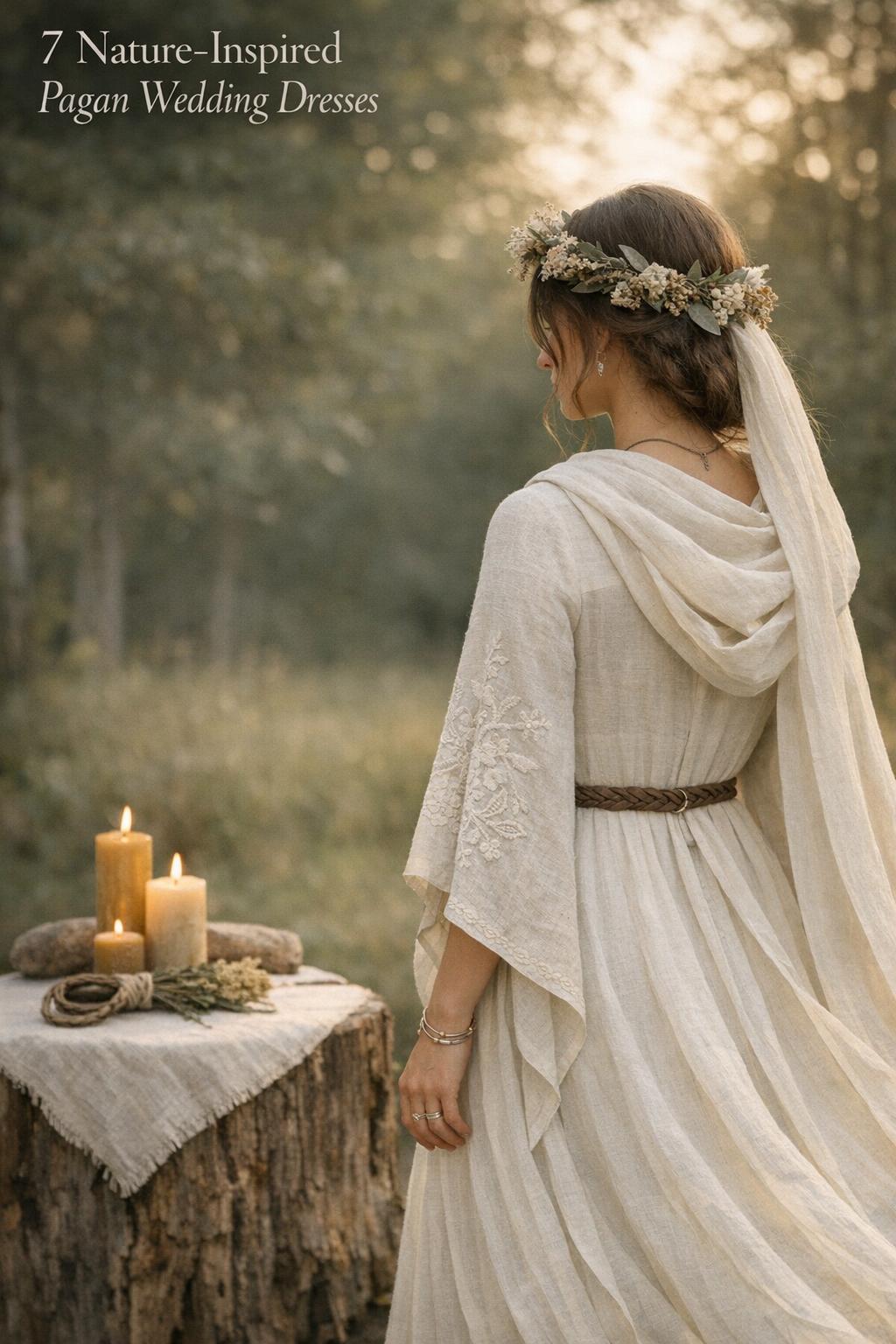 Pagan wedding dresses in a golden-hour woodland ritual, minimalist bride in linen lace gown with cloak by circular altar