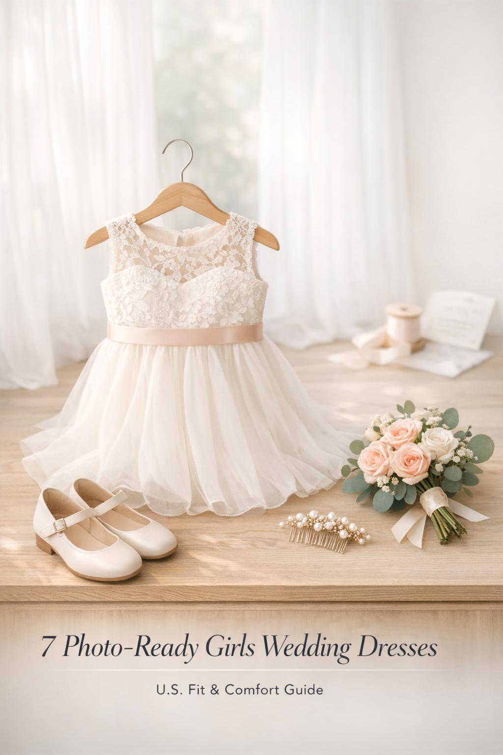 Photo-ready girls wedding dresses flat lay with ivory flower girl dress, Mary Janes, pearl pins, and blush bouquet in window light