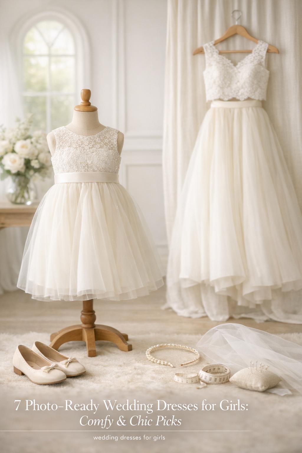 Airy bridal prep scene with ivory flower girl dress and accessories, showcasing wedding dresses for girls in a sunlit room
