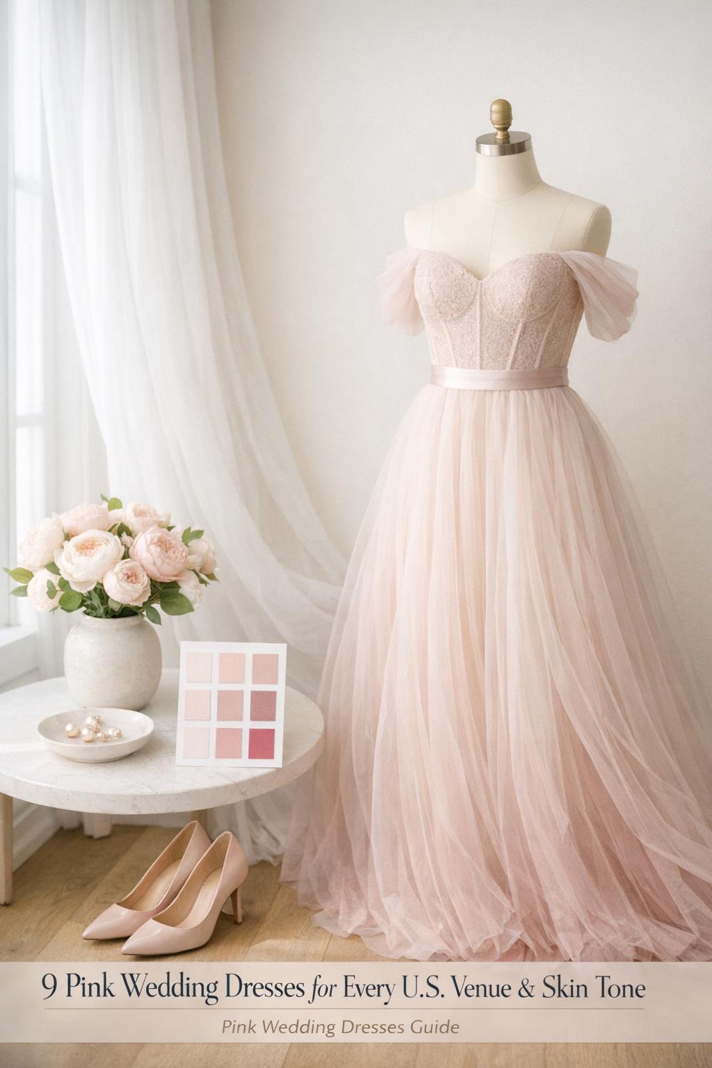 Pink wedding dresses blush-to-dusty-rose gown on mannequin by window with peonies, heels, pearls, and color swatches