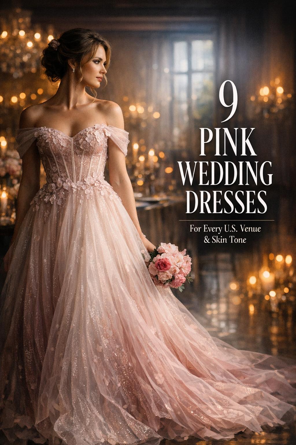 Bride in blush-to-dusty-rose ombré gown in luxe venue, pink wedding dresses editorial portrait with moody light